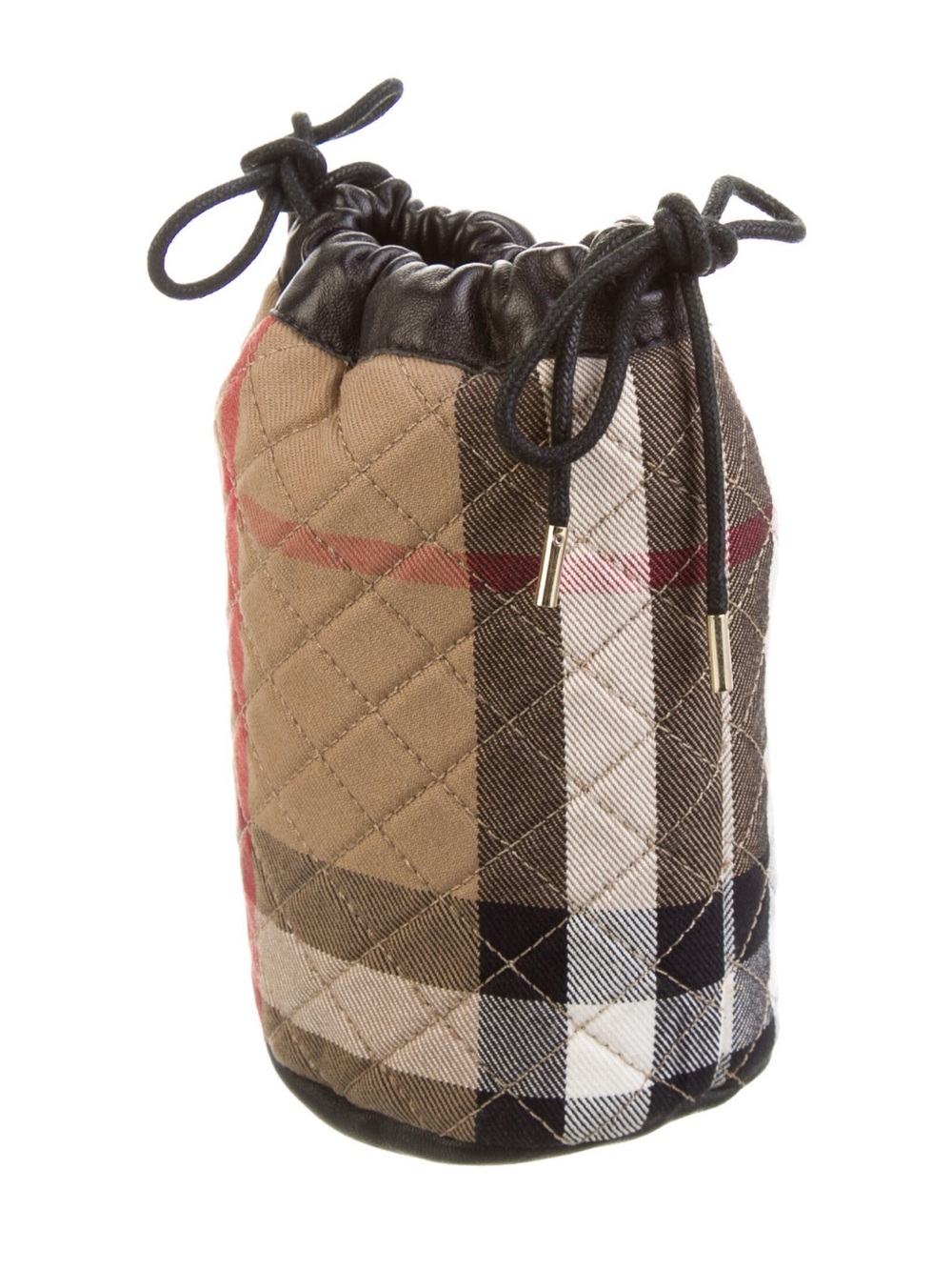 Burberry Quilted Plaid Drawstring Pouch in Tan, Black & Red